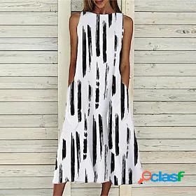 Womens Midi Dress A Line Dress Black Sleeveless Pocket Print