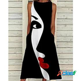 Womens Midi Dress A Line Dress Black Sleeveless Print Print