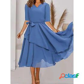 Womens Midi Dress A Line Dress Blue Half Sleeve Ruched Pure