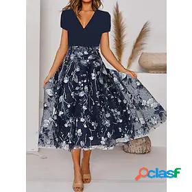Womens Midi Dress A Line Dress Blue Short Sleeve Print Print