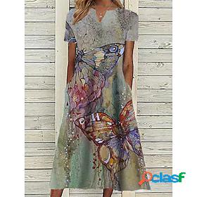 Womens Midi Dress A Line Dress Gray Navy Blue Short Sleeve