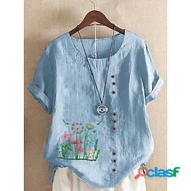 Womens Shirt Floral Dandelion Button Print Round Neck Tops