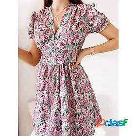 Womens Short Mini Dress A Line Dress Green Orange Short