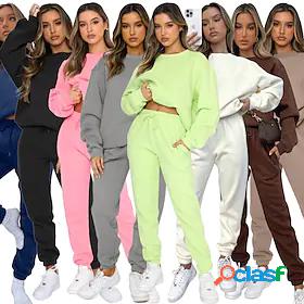 Womens Sweatsuit Crew Neck Solid Color Sport Athleisure Long