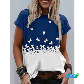 Womens T shirt Butterfly Butterfly Color Block Round Neck
