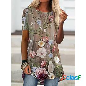 Womens T shirt Dress Floral Print Round Neck Basic Tops Blue