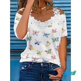 Womens T shirt Off Shoulder Lace Daily Butterfly T-shirt
