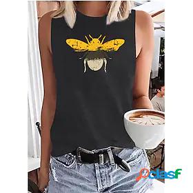 Womens Tank Top Graphic Bee Round Neck Print Basic Tops Blue