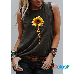 Womens Tank Top Graphic Sunflower Letter Round Neck Print