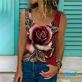 Womens Tank Top Shirt 3D Flower U Neck Print Basic