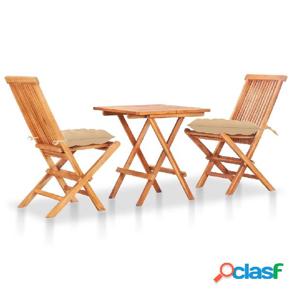 vidaXL Set da Bistrot 3 pz con Cuscini Beige in Legno