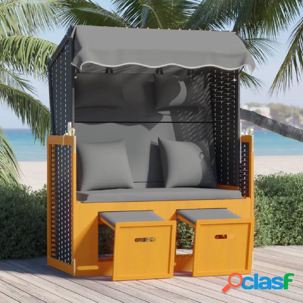 vidaXL Strandkorb Cuscino Polyrattan e Legno Massello Nero e