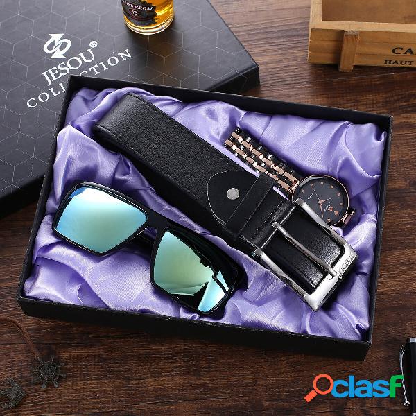 3 Pcs Men Watch Set Quartz Watch Belt Sunglasses Fathers Day