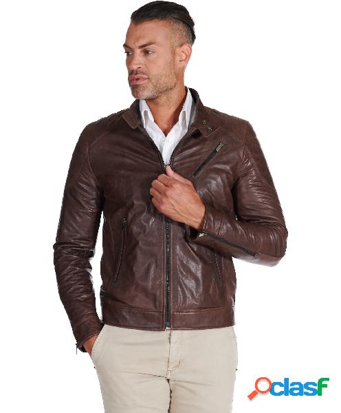 Giacca Moto In Pelle Testa Di Moro Biker Trapuntato Spalle