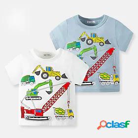 Kids Boys T shirt Short Sleeve Cartoon Car White Dusty Blue