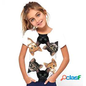 Kids Girls T shirt Tee Short Sleeve Cat Animal Print White