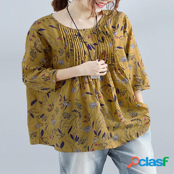 Plant Print Pleated Round Neck Half Sleeve Casual Blouse