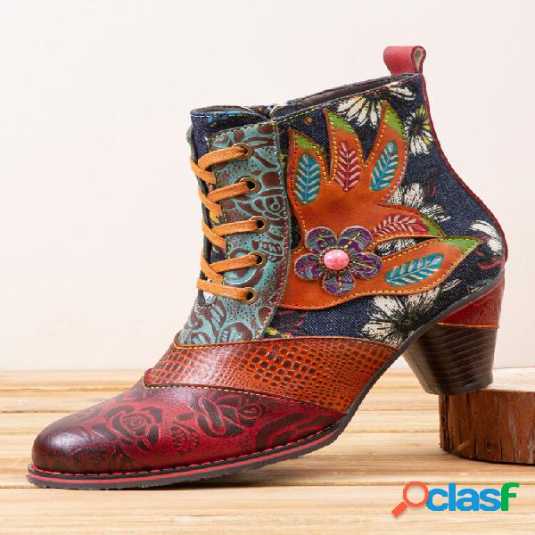 Socofy Retro Flowers Print Denim Splicing Leather Lace-up