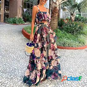 Womens Basic Boho Floral Holiday Vacation Two Piece Set
