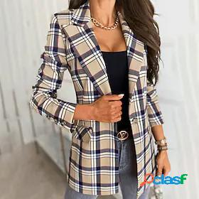 Womens Blazer Print Regular Coat Blue Gray Khaki Casual
