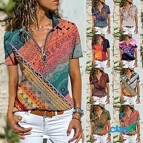 Womens Blouse T shirt Zipper Print Tropical Multi Color