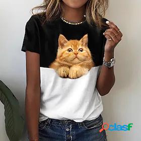 Women's Cat 3D Casual Weekend 3D Cat Painting Short Sleeve T