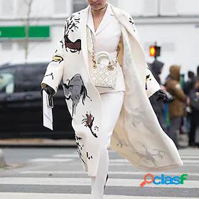 Womens Coat Print Long Coat off white Casual Elegant Single
