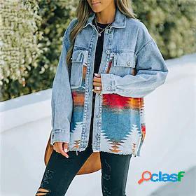 Womens Denim Jacket Pocket Print Regular Coat Blue Pink