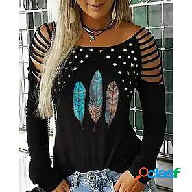Womens Feather Casual Weekend Painting Long Sleeve T shirt