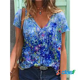 Womens Floral Casual Daily Short Sleeve T shirt Tee V Neck
