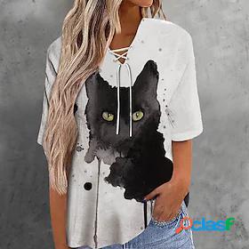 Womens Floral Cat Feather Casual Weekend Floral Cat Painting
