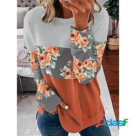 Womens Floral Color Block Sweatshirt Pullover Crew Neck