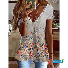 Womens Floral Daily Short Sleeve T shirt Tee V Neck Lace