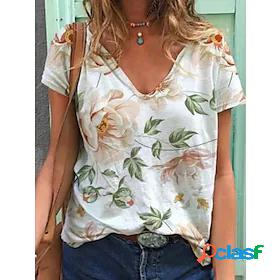 Womens Floral Flower Daily Short Sleeve T shirt Tee V Neck