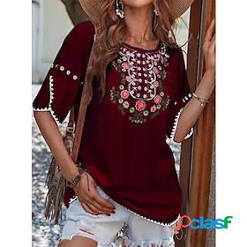 Womens Floral Holiday Weekend Floral Painting Half Sleeve T