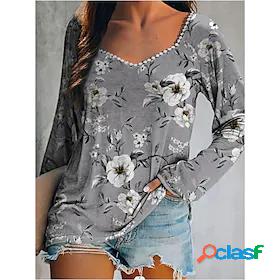 Womens Flower Casual Daily Holiday Long Sleeve T shirt Tee V