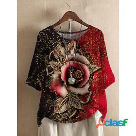 Womens Flower Daily Floral Half Sleeve T shirt Tee Round