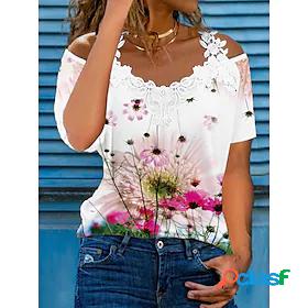 Womens Flower Daily Floral Short Sleeve T shirt Tee Off