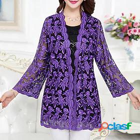 Womens Jacket Casual Jacket Embroidered Mesh Lace Long Coat