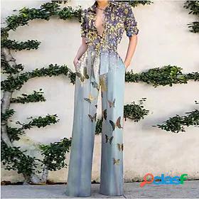 Womens Jumpsuit Floral Lace up Elegant Shirt Collar Straight