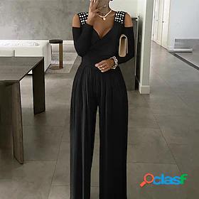 Womens Jumpsuit Solid Color Beaded High Waist Casual V Neck