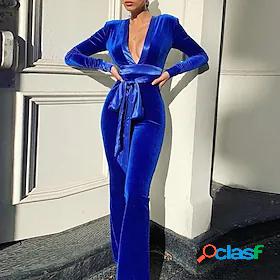 Womens Jumpsuit Solid Color Lace up Elegant V Neck Party