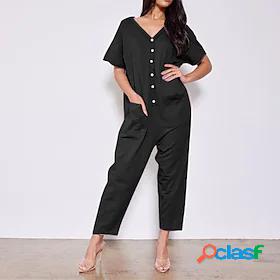 Womens Jumpsuit Solid Color Pocket Button Casual V Neck Home