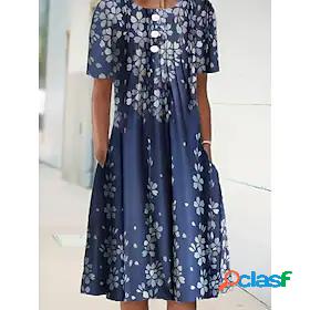 Womens Knee Length Dress A Line Dress Blue Short Sleeve