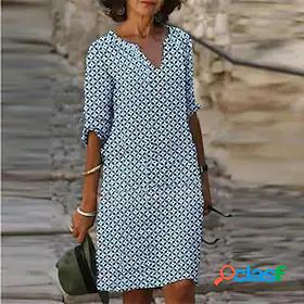 Womens Knee Length Dress Shift Dress Blue Gray Half Sleeve