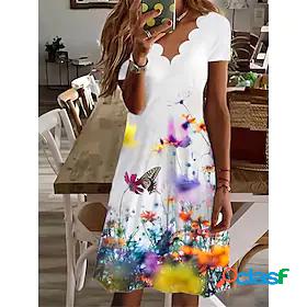 Womens Knee Length Dress Shift Dress White Short Sleeve