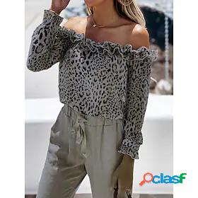 Womens Leopard Daily Weekend Long Sleeve Blouse Shirt Off