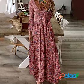 Women's Maxi long Dress Shift Dress Red Long Sleeve Print