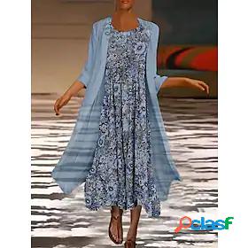 Womens Midi Dress A Line Dress Blue Half Sleeve Print Print