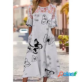 Womens Midi Dress A Line Dress White Half Sleeve Mesh Print